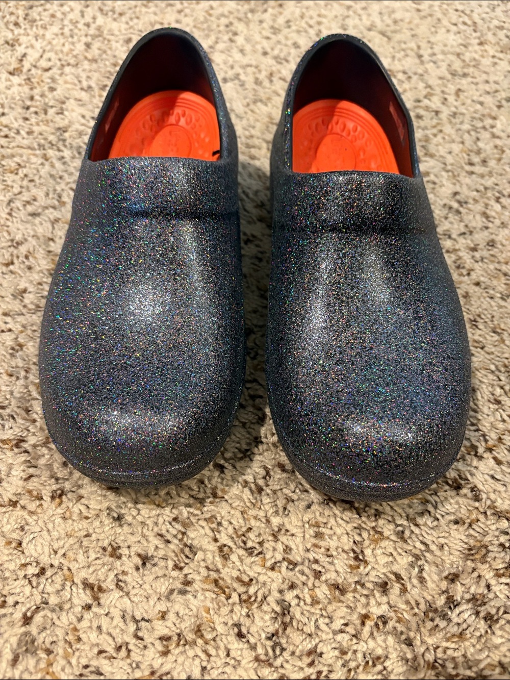 CROCS Women's Black Glitter Clogs with Orange Insoles